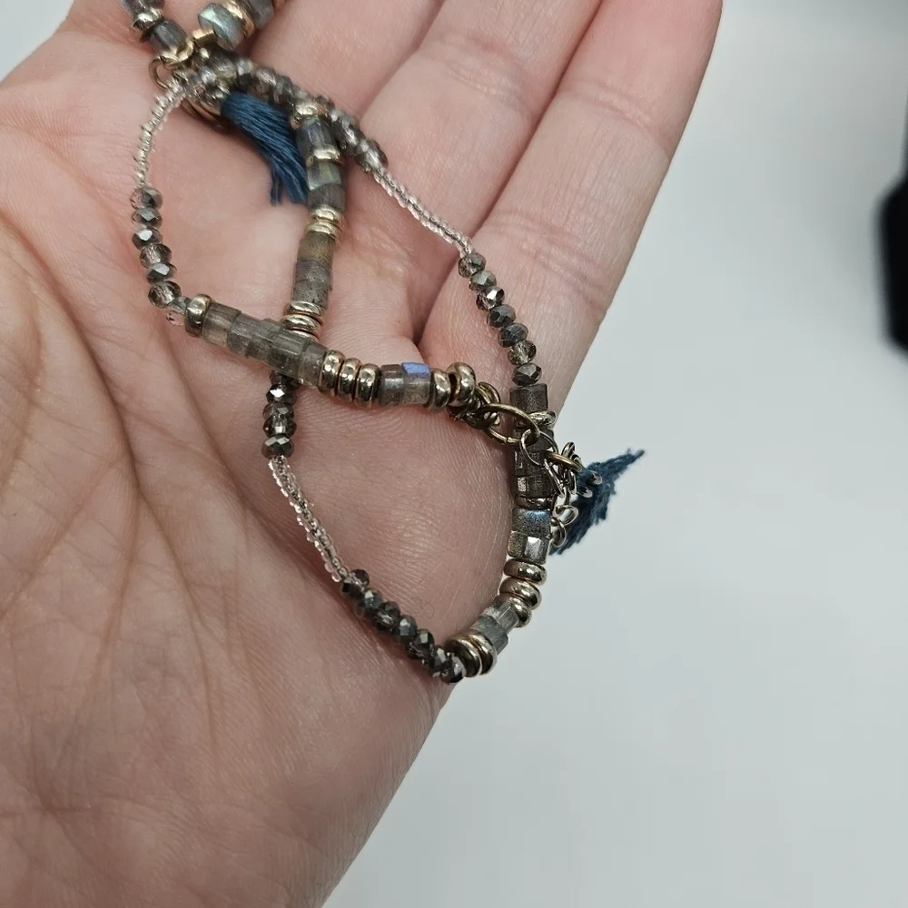 Shashi labradorite and seed bead strand with tassels SEE MEASUREMENT